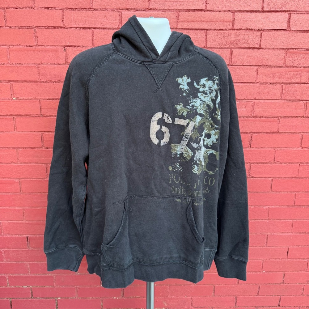 Polo Jeans Company Ralph Lauren 67 Hoodie Mens XXL Black Graphic Grunge‎ Skater